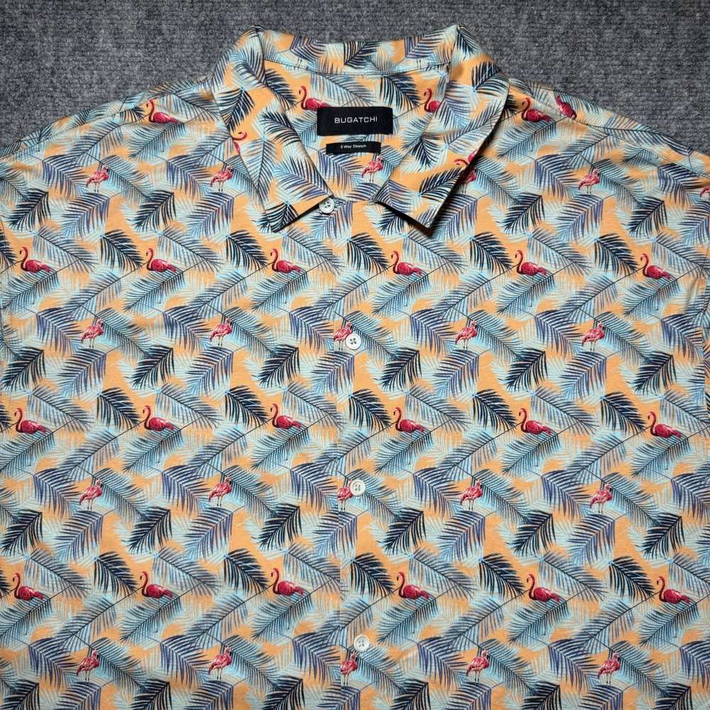 Bugatchi XXL Button Up Short Sleeve 8 Way Stretch Flamingo AOP Palm Hawaiian 2XL